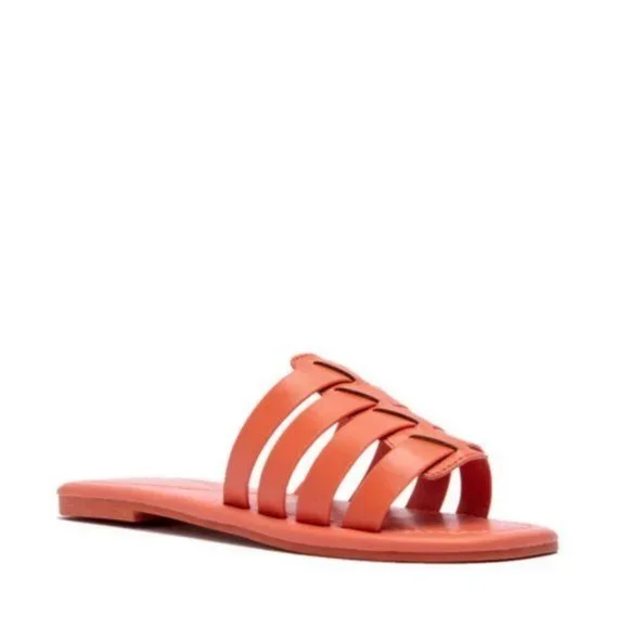 !! NEW !! Soft Vegan Leather Caged Slide Sandals in Deep Coral - Picture 6 of 8